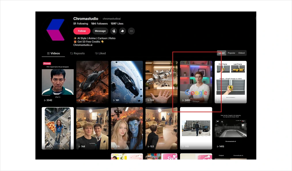 The Chromastudio TikTok profile, a grid of AI video posts with view counts from 139 to 3,342.