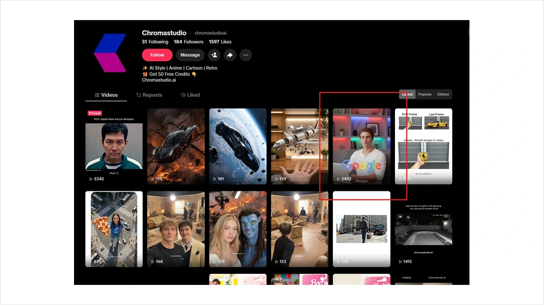 The Chromastudio TikTok profile, a grid of AI video posts with view counts from 139 to 3,342.